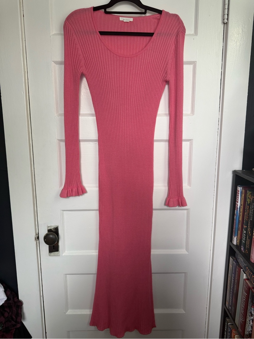 H&M Mama Ribbed Pink Long-Sleeve Knit Maxi Dress Maternity Stretchy Ruffles S